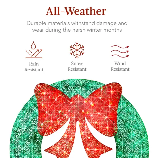 Best Choice Products 36in Pre-Lit Outdoor Christmas Wreath, LED Metal Holiday Décor w/ 120 Lights, Bow Green/Red {5}