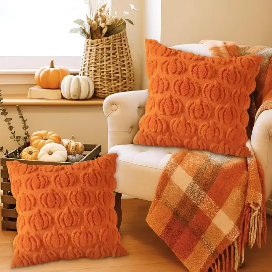 Autumn Pumpkin Throw Pillow Cases Soft Plush Faux Fur Wool 20 x 20 Autumn Cushion Cover {4}