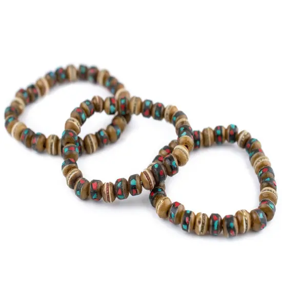 The Bead Chest Mala Stretch Bracelet, Brown - Stackable Nepal Bone Inlaid with Turquoise & Coral Colors, 100% Authentic and Genuine {3}