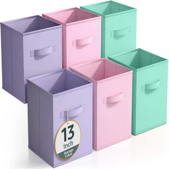 Sorbus 6 Pack 13 Inch Foldable Storage Cubes with Handles- for Organizing Home, Shelves, Nursery, Playroom, Closet and More Purple, pink, teal {1}
