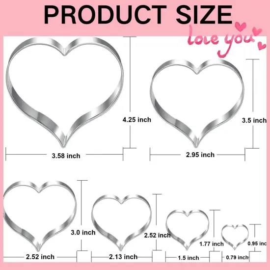 Heart Cookie Cutter Set 6 Pieces Fondant Biscuit Cutters Valentines Day {1}