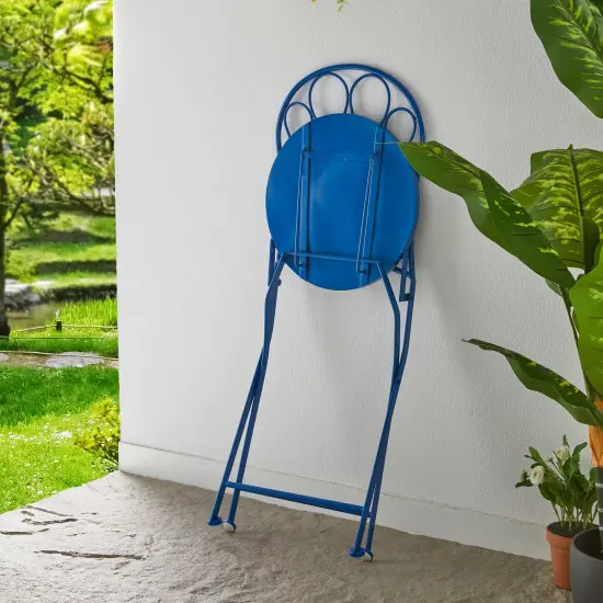 Set of 3 Outdoor Metal and Ceramic Tile Blue Folding Bistro Set {4}