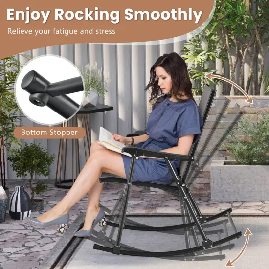 Costway 2 PCS Patio Folding Rocking Chair Heavy-Duty Metal Frame Rockers Outdoor Black/Gray/Brown {6}