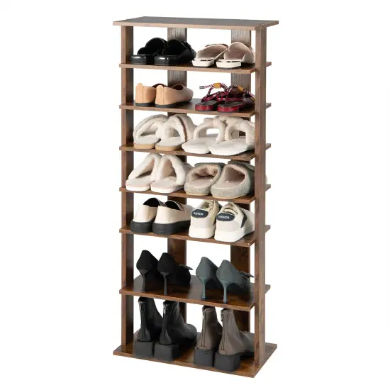 7-Tier Dual 14 Pair Shoe Rack Free Standing Concise Shelves Storage Rustic Brown {8}