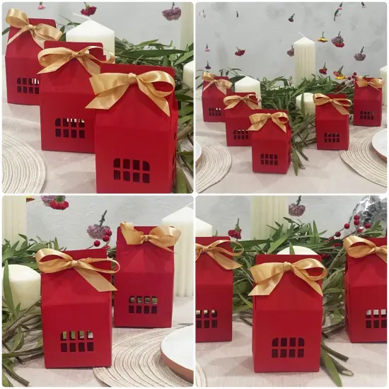 Wrapables House Shaped Gift Boxes with Ribbons for Weddings, Housewarming, Cookies, Candies, Treats, Party Favors (Set of 12), Red {4}