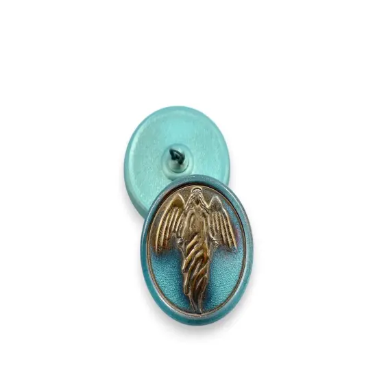 27mm Round Guardian Angel Button - Antiqued Crystal with Gold & Teal - Czech Glass Buttons {2}