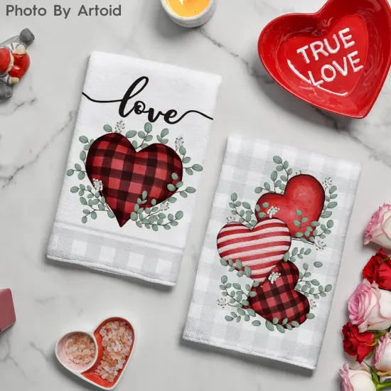 Artoid Mode Red Buffalo Plaid Heart Love Valentine's Day Kitchen Towels Dish Towels, 18x26 Inch Anniversary Wedding Decoration Hand Towels Set of 2 {5}
