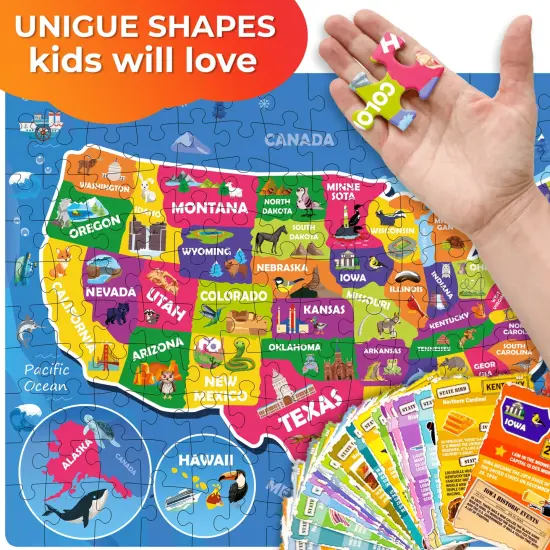 QUOKKA Puzzles for Kids Ages 8-10 - 150 Pcs Jigsaw Puzzles for 6-8 Year Olds - 400+ Facts on 50 Double-Sided Flashcards | Learn USA | Education Activity Gift - Shaped Puzzles for Toddlers 4-6 {3}
