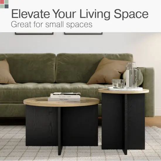 Stead Round Nesting Coffee Tables, 2 Piece Modern Home Decor, Solid Wood Base and Wood Burl Top (Blackened & Burl) {3}