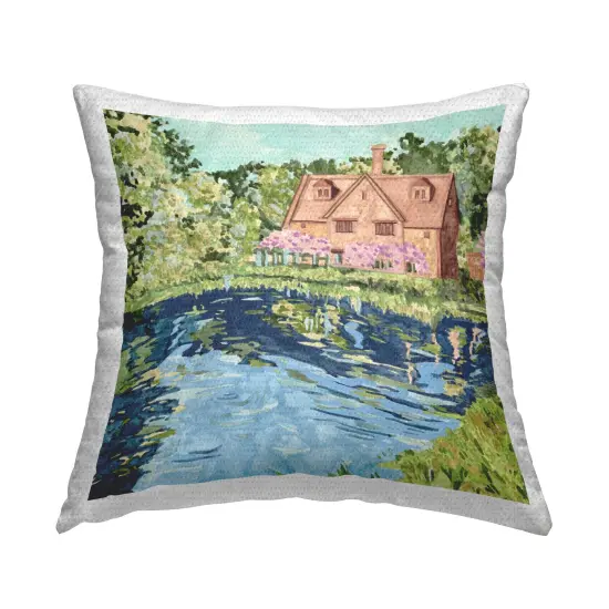 Floral Cottage & Lake Design by Melissa Wang Outdoor Printed Pillow  {1}