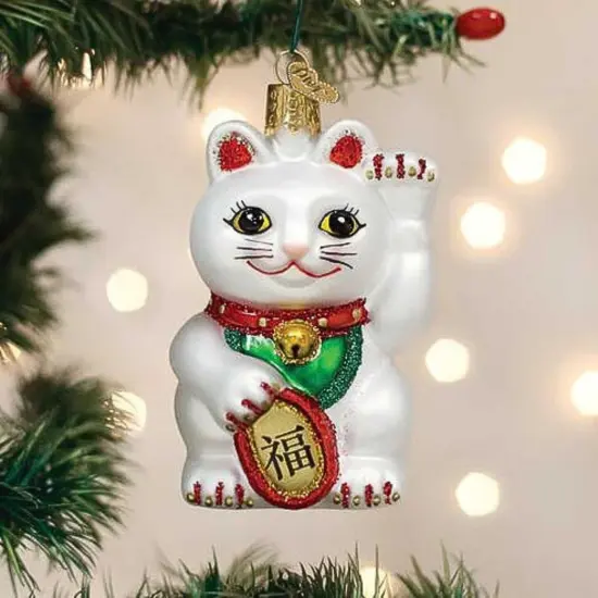 Old World Christmas 3.5 Inch Lucky Cat Christmas Tree Ornament , Christmas Decor Popular Folklore Japanese Chinese White {3}