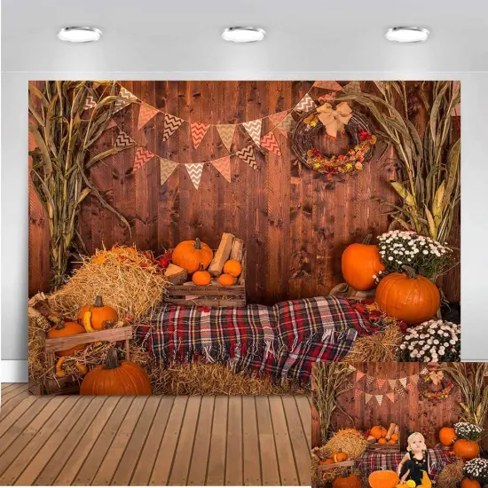 Fall Thanksgiving Photography Backdrop Rustic Wooden- 5x3ft Autumn Pumpkins {2}