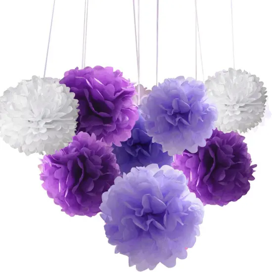 18pcs Tissue Hanging Paper Pom-poms (Purple & White, 8"/ 10"/ 12") {3}
