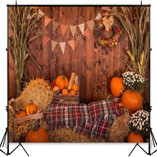 Fall Thanksgiving Photography Backdrop Rustic Wooden- 5x3ft Autumn Pumpkins {3}