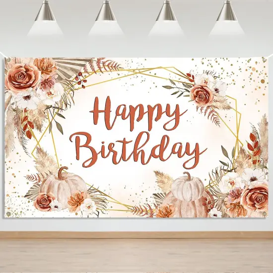 Pumpkin Birthday Banner Backdrop Boho Pumpkins Fall Floral {1}