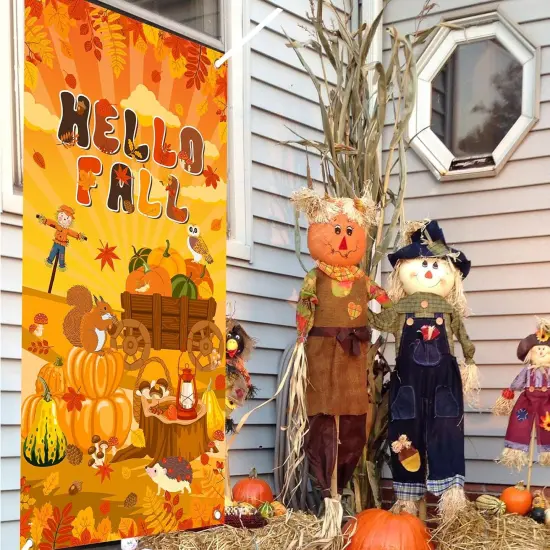 Hello Fall Maple Pumpkin Front Door Banner - Autumn Yard Sign {2}