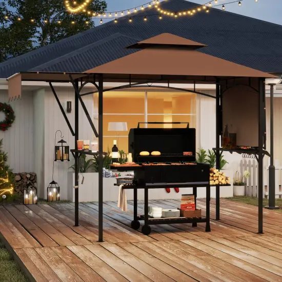 13 x 5 Feet Dual Side Awnings Grill Gazebo with 2 Shelves Adjustable Shadow and Metal Frame Coffee {1}