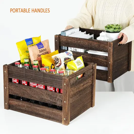 Farmhouse Wooden Crates - Large Solid Wood Crates with Handles for Storage and Display, 2 Pack Brown {3}