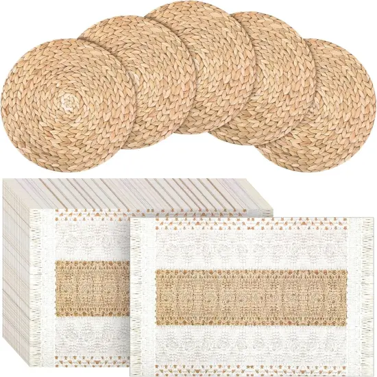 100 Pcs Boho Disposable Paper Placemats Set Round Braided Rattan Disposable Woven Paper Place and Rectangle Burlap Printed Placemats Farmhouse Table Mats for Kitchen {1}
