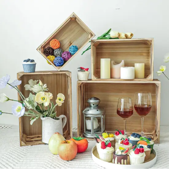 Set of 4 Large Torched Wood Decorative Storage Crates, Nesting Wooden Crates for Display Rustic, Farmhouse Wooden Storage Container Boxes Made from 100% Wood {5}