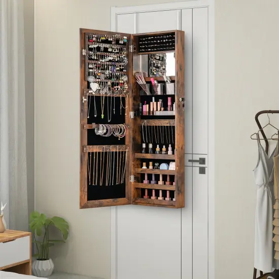 43.5 Inch Jewelry Mirror Cabinet with Full-length Mirror and Adjustable Hangers Rustic Brown {3}