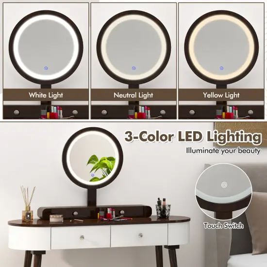 LED Lighted Vanity Table Set with Adjustable Mirror & Cushioned Stool White-Brown {6}