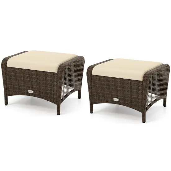 Set of 2 Outdoor PE Wicker Ottomans with Removable Cushions and Metal Frame Beige {3}