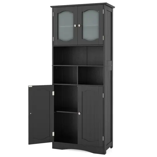 58.5 Inch Freestanding Linen Bathroom Storage Cabinet with Frost Glass Doors Black {1}