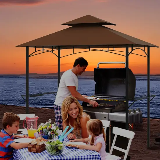Multi-functional Outdoor Double-Tiered Grill Gazebo Canopy with 2 Side Shelves and 7 Hooks Coffee {2}