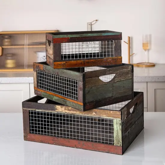 Set of 3 Rustic Wood Nesting Crates, Farmhouse Distressed Wooden Storage Boxes, Decorative Reclaimed Wood Organizer Baskets with Wire Mesh {1}