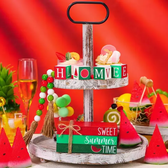 8 Pcs Summer Tiered Tray Decor Farmhouse Watermelon Table Decorations with Beads Garland Wooden Summer Tiered Tray Decorations Set Stacked Coffee Table Books Decor for Room Living Shelf {4}