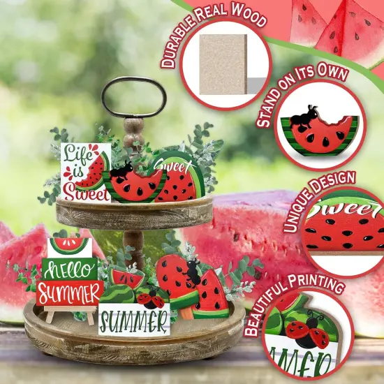Summer Tiered Tabletop Decor, Red Green Watermelon Tray Decorations, Hello Summer Sweet Popsicle Ant Wooden Signs, Farmhouse Rustic Decorations for Home Table Shelf Mantel Party {4}
