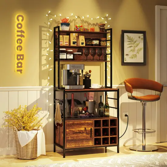 Coffee Bar Cabinet with S-Shaped Hooks and Wine Bottle Holders Rustic Brown {3}
