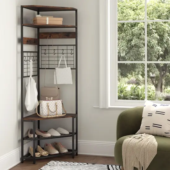 5-Tier Corner Hall Tree with Shoe Storage Bench Rustic Brown {6}