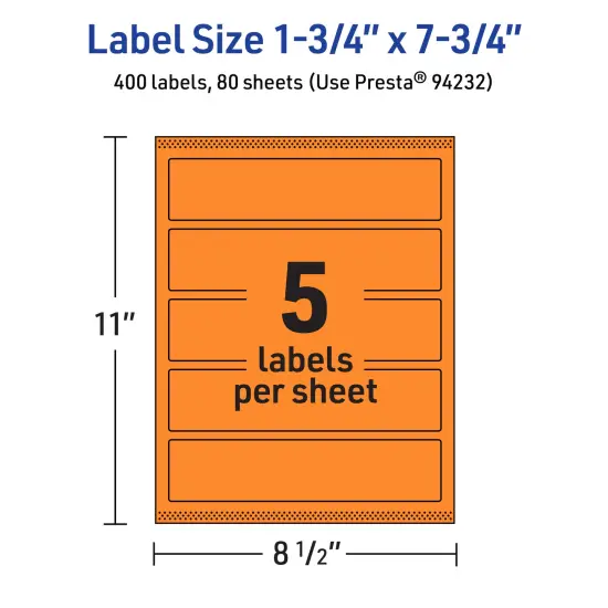 Avery Bright Orange Paper Labels, 1.75" x 7.75" Rectangle {5}