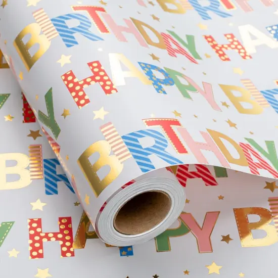 Colorful Wrapping Paper Roll, Happy Birthday Gift Wrap - 17 In X 32.8 Ft - 1 Roll (46.5 sq.ft.ttl.) Foil Happy Birthday Lettering & Candles Wrapping Paper for Birthday, Baby Shower, Party {1}