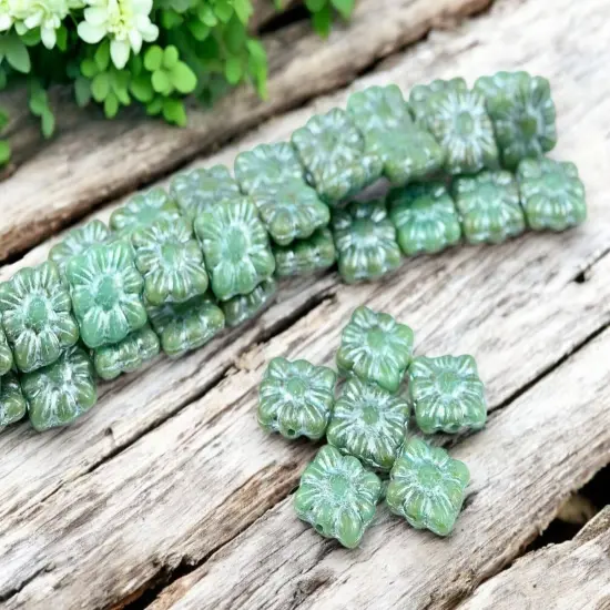 *13* 11mm Metallic Icy Blue Washed Opaque Turquoise Square Zinnia Flower Beads {1}