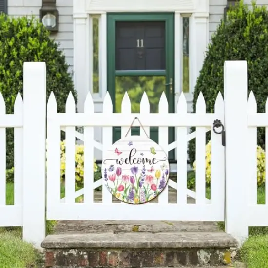 Summer Flower Welcome Door Sign Tulip Wooden Hanging Sign Floral Butterfly Door Hanger Sign for Spring Summer Holiday Indoor Outdoor Farmhouse Home Porch Window Decor {4}