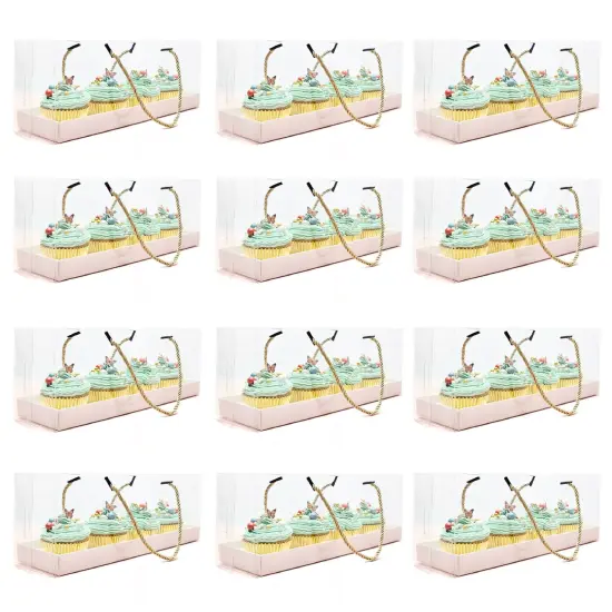 12 Pack Clear Cupcake Boxes with Gold Rope Handle and White Inserts, 4 Compartments (12.7 x 4.7 x 3.6 In) {1}