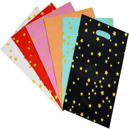 48 pieces of thicker gift bags with handles, plastic party candy bags with sparkling stars {2}