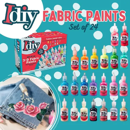 Fabric Paints- Set of 24 (1oz bottles) Ultra Bright 3D Colors- Includes Glitter, Metallic, Glow in Dark, Neon, 5 Stencils, & 3 Brushes, Non-Toxic, Permanent, Birthday Party Art Craft, Craft {2}