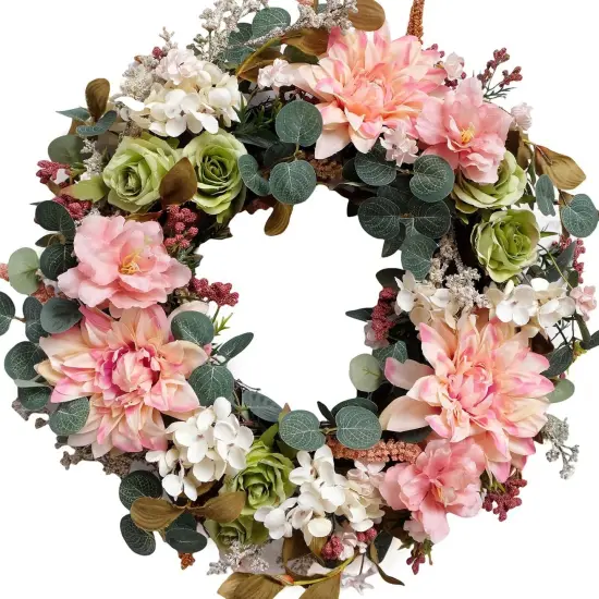 18&rdquo; Silk Dahlia Rose Front Door Summer Floral Wreath - Summer Floral Decor, Farmhouse Wall & Wedding Home Decor (Indoor/Outdoor) {1}