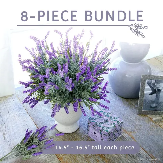 Butterfly Craze Lifelike Artificial Lavender Plants - Perfect for Crafting, Home Decor, and Weddings, Pair with Fake/Dried Flowers like Purple Roses, Nearly Natural Faux Silk Flowers, 8-Piece Bundle {3}
