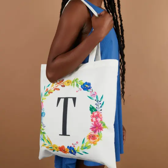 Set of 2 Reusable Monogram Letter T Personalized Canvas Tote Bags for Women, Floral Design (29 Inches) White {3}