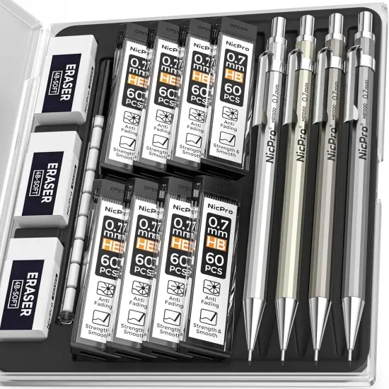 4 Pack Mechanical Pencil 0.7mm with Case, MB1000 Metal Mechanical Pencil Set with 8 Tube HB #2 Lead Refill 0.7 mm, 3PCS 4B Eraser, 9 Cap Eraser for Artist Drafting Writing, Sketching, Drawing {1}