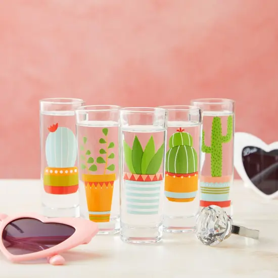 5 Pack Shot Glasses Set with Cactus Designs for Bachelorette, Fiesta Supplies, Western-Themed Party, Round, Decorative Shot Glasses with Heavy Base for Tequila, Whiskey, Vodka (2 oz) Green {3}