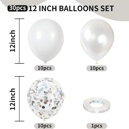 White Balloons, 12 Inch White Latex Balloons Matte White Helium Balloons with Silver Confetti Balloons for Boho Birthday Baby Shower Wedding Valentine&rsquo;s Day Party Decoration {2}