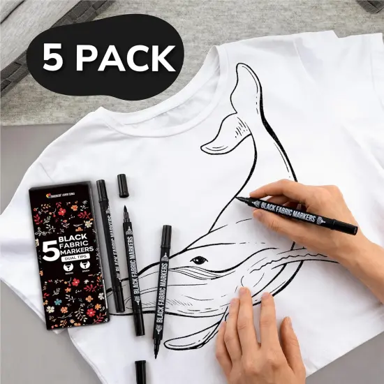 5 Dual-Tip Black Fabric Markers Permanent for Clothes - Fabric Paint Pens for Personalizing Shirts Bags Hats Canvas and Textiles {3}