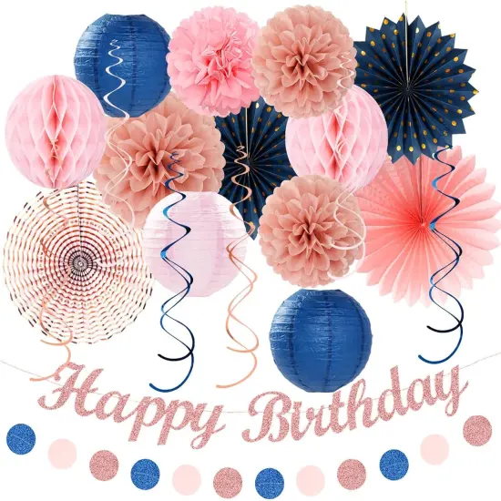 Pink Rose-Gold Navy-Blue Birthday Party-decorations - 21pcs Women Girl Happy Banner Garland, Paper Streamers Lanterns,Flower Tissue Pom Poms Fan Supplies, Princess Wall Backdrop Decor {1}