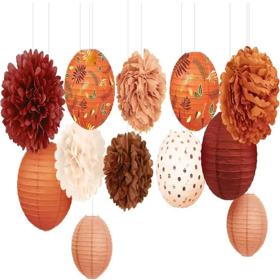 Wedding Decorations, 12 PCS Carmine Rust Orange Light Brown Tissue Paper Pom Poms and Lanterns for Rustic Classical Wedding, Baby Bridal Shower, Retro Party, New Year Party {1}
